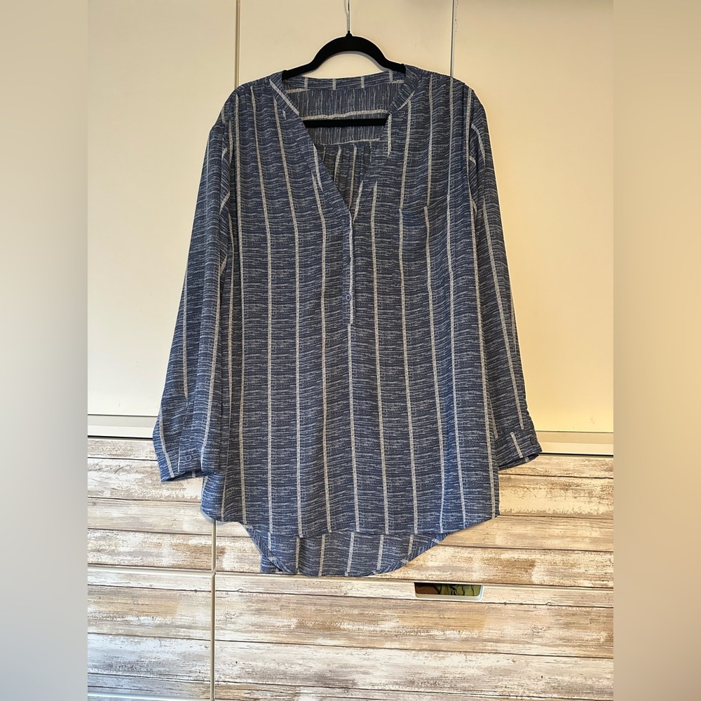 💙 SHEIN Blue & White Striped Tunic Blouse Women’s 2XL Roll Tab Sleeve